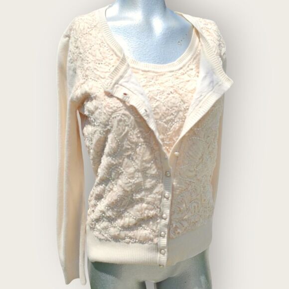 Leo Guy Creamy Ivory Beaded Embroidered Cardigan Tank Set Size 2 - Picture 1 of 16